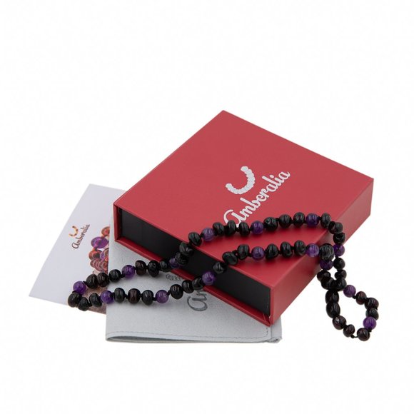 Amberalia Baltic Amber Baby Teething Necklace - Cherry /Amethyst - Certificated - Picture 1 of 9